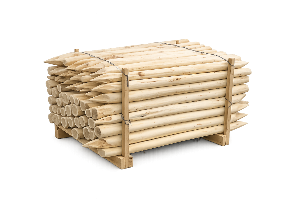 Debarked and pointed Robinia poles (Black Locust poles) for fencing and landscaping
